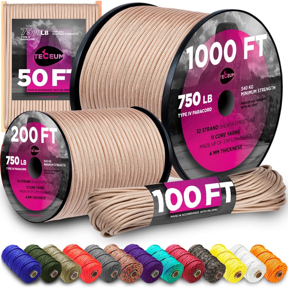Para Cord 1000Ft - 750 lb Paracord Rope - 1000Ft/200Ft/120Ft/100Ft/50Ft